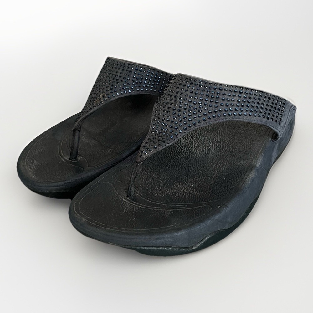 FitFlop Electra Sequin Navy Thong Flip Flop Wedge Comfort SlipOn Platform Womn 7